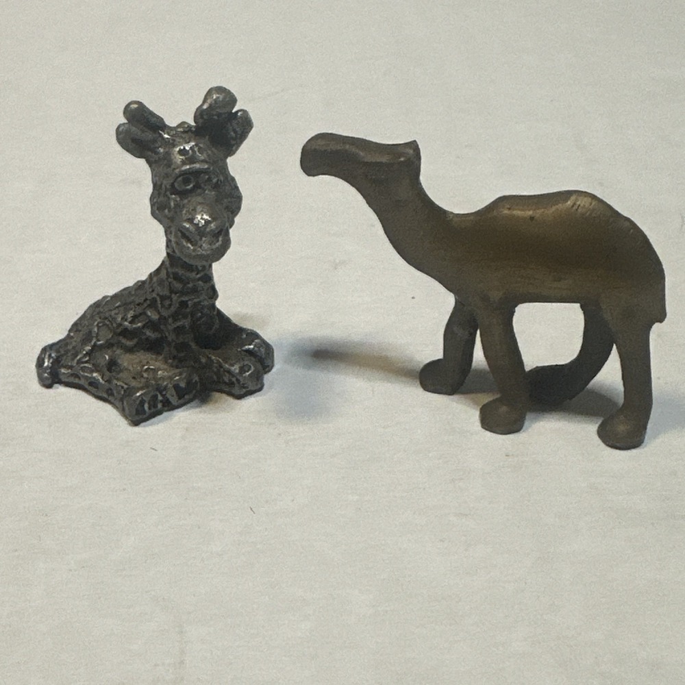 Pair (2) Miniature Animals Bronze Camel and Pewter Giraffe. Cute Collectibles
